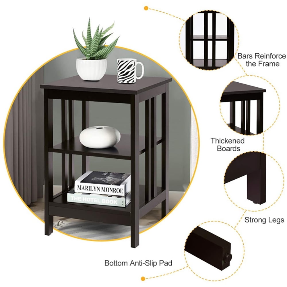 Finihen End Side Table, Nightstand, 2 Pieces 3-Tier Nightstand with Reinforced Bars and Stable Structure, Sofa Side Table, Bed Side Table, for Living Room, Bedroom, Dark Brown