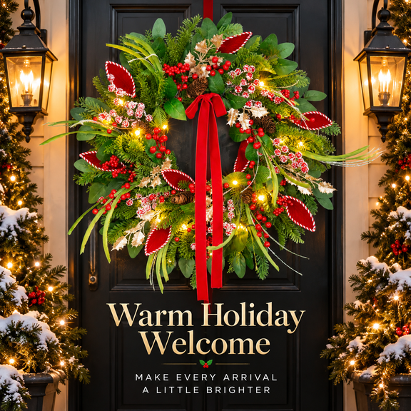 24 Inch Artificial Christmas Wreath with Red Berries, Pinecones and Red Bow, Outdoor Holiday Wreath with Hanging Hook for Front Door, Wall or Mantel