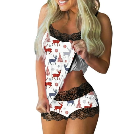 

Merry Christmas Women Adjustable Lace Halter Vest Top Panty Shorts Set Fleece Pajamas Women Set