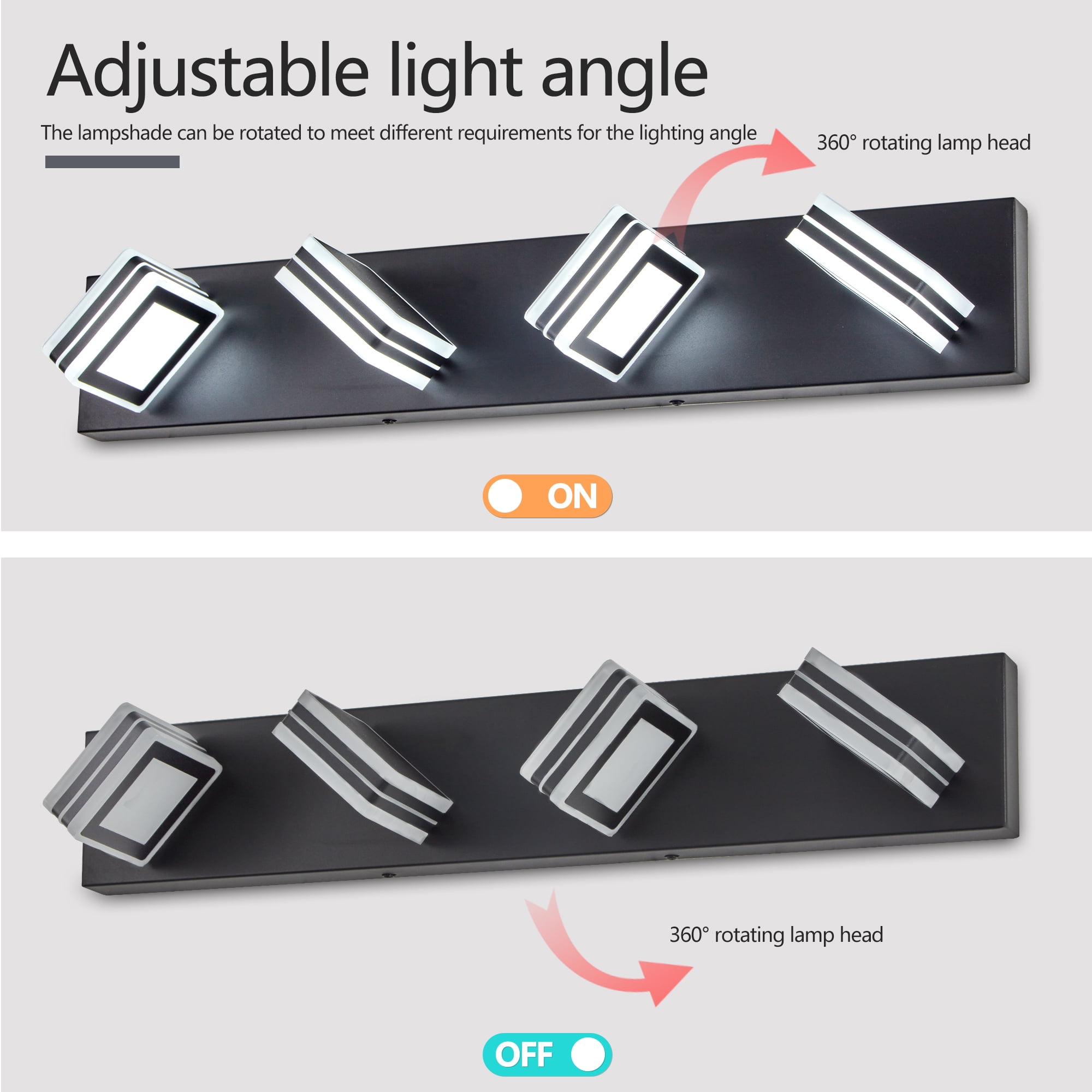 26" Modern Black 4-Light LED Vanity Light, Square Acrylic Lampshades Wall Mount Fixture for Bathroom, Mirror Lighting