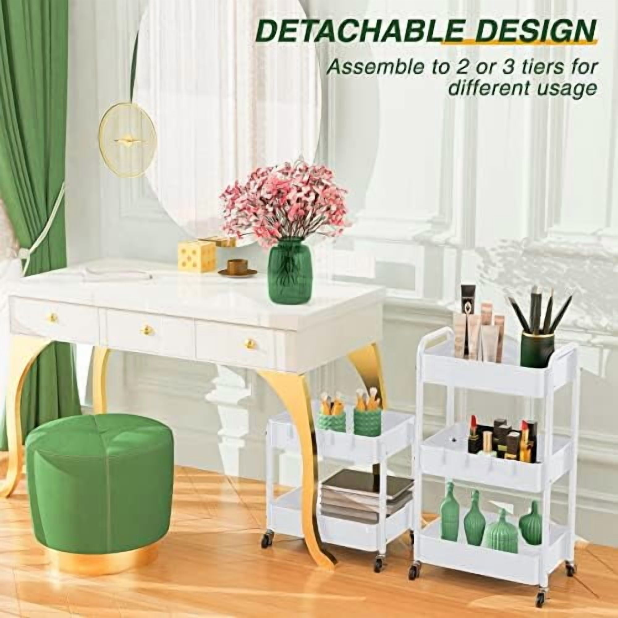 3 Tier Rolling Storage Cart, Metal Trolley Utility Cart with Wheels & Hooks, Easy Assembly Organizer Storage Cart for Bathroom Kitchen Office Bedroom White