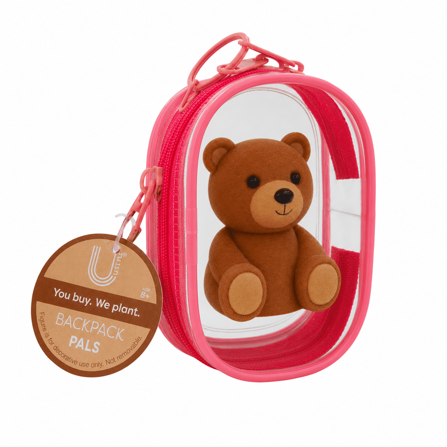 U Style Flocked Figure Trinket Pouch Keychain, Brown Bear, Pink Case
