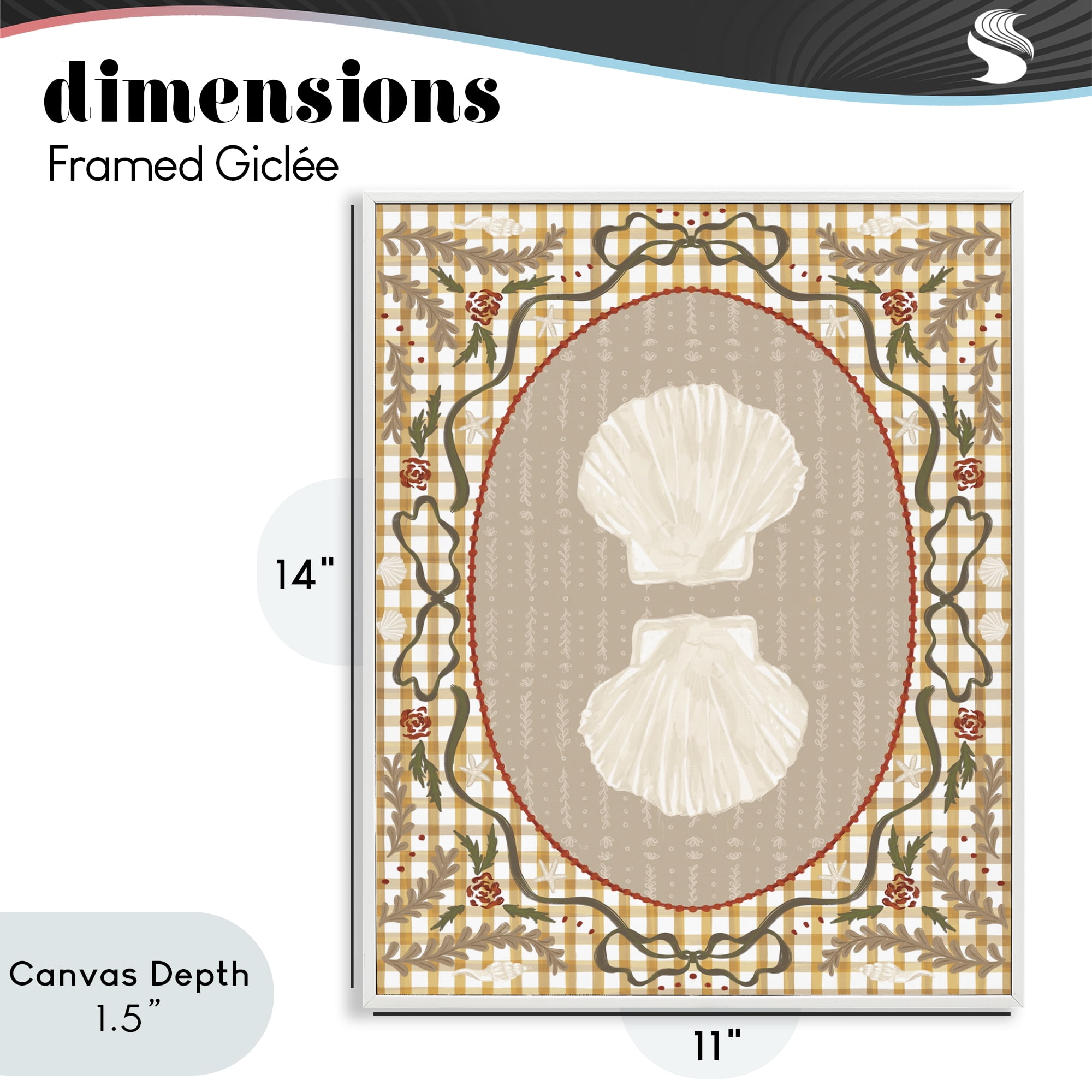 Stupell Industries Vintage Shells on Gingham White Framed Giclee Art, design by Vero Illustrates