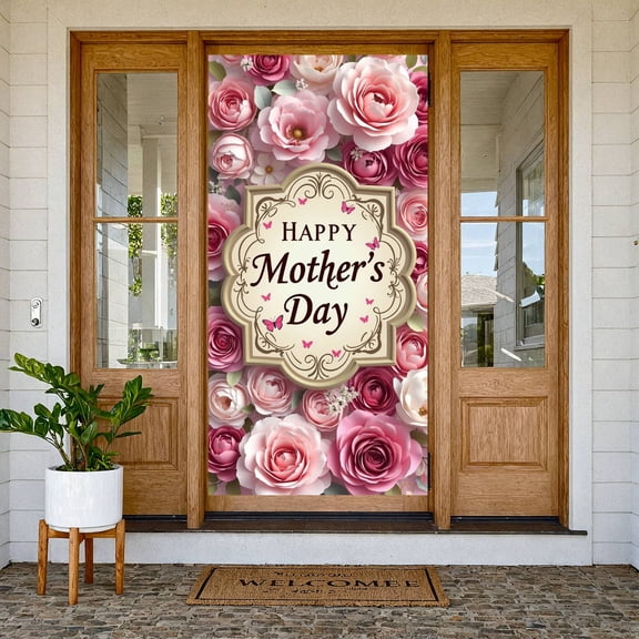 Pink Floral Happy Mother's Day Banner Vintage Scrollwork Mom Celebration Backdrop Butterfly Accents Mother's Day Background for Mother's Day Brunch Family Gathering Mom Surprise Party