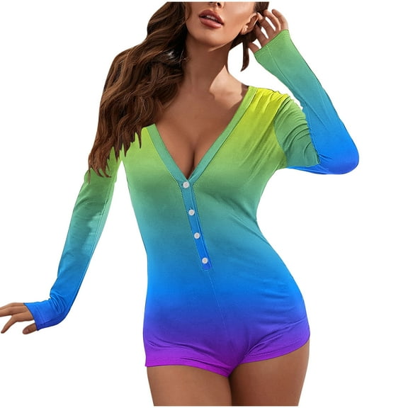 Elainilye Fashion Womens Bodysuit Deep V-neck Nightwear Long Sleeve Tights Pajamas Onesie Jumpsuit,Multi-color