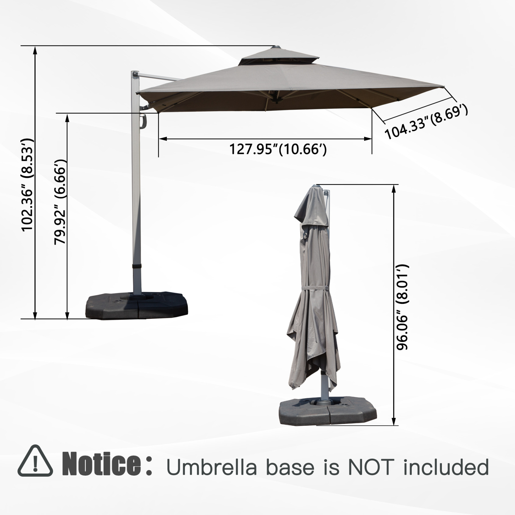 9'x 11' Adjustment Square Cantilever Umbrella with Center Pole, 360° Rotation Patio Umbrella with Sun Protection, 2-Tier Aluminum Offset Outdoor Umbrella for Backyard, Pool, Gray