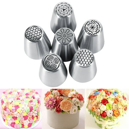WALFRONT Russian Piping Tips Set 6Pcs/Set Cake Decorating Supplies Tips Kits Stainless Steel Baking Supplies Icing Tips for Cupcake Cookies
