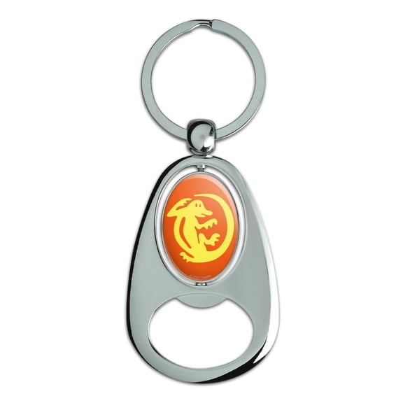 Hidden Temple Orange Iguanas Keychain Chrome Metal Spinning Oval Bottle Opener