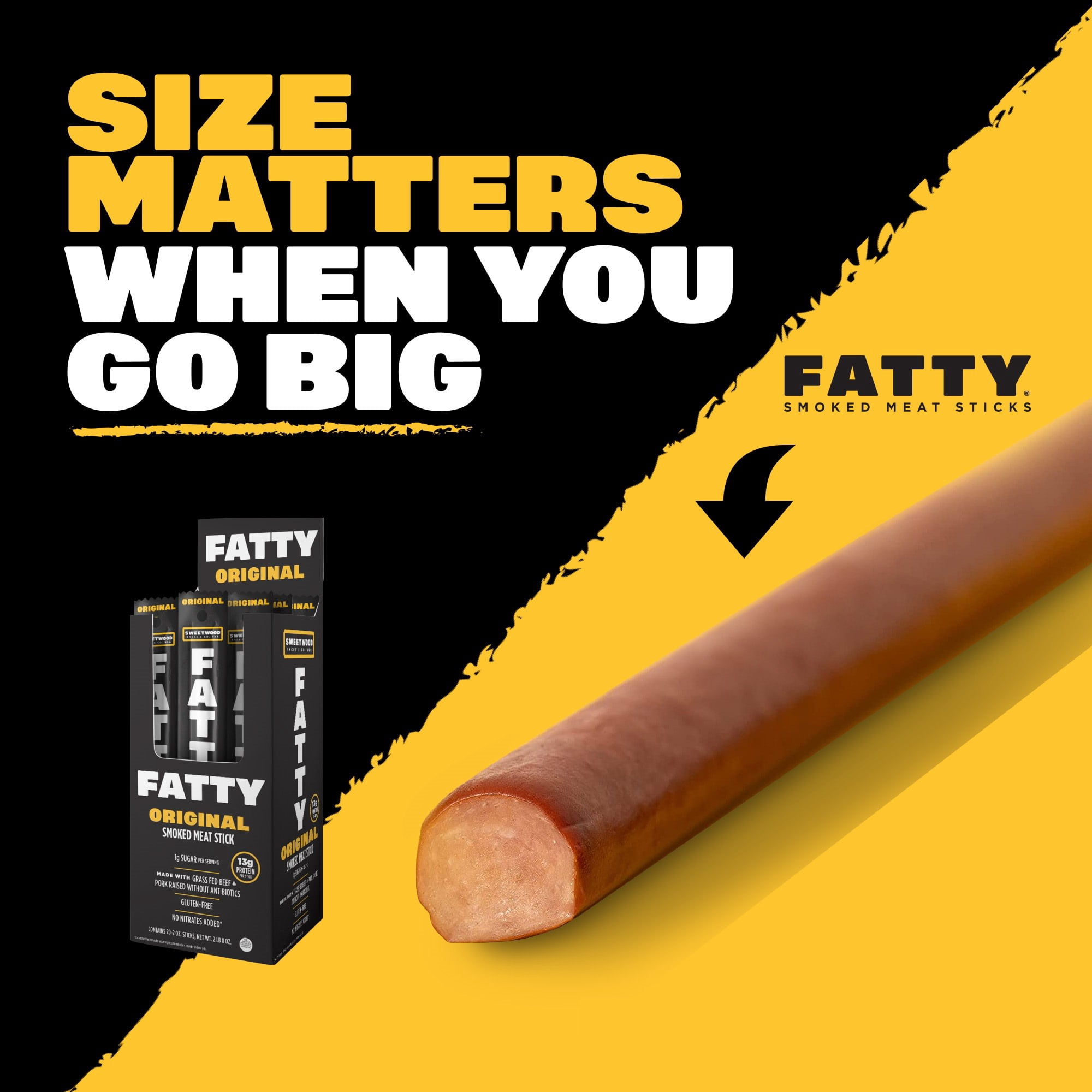 FATTY Meat Sticks, Made with Grass Fed Beef, Pork Raised Without Antibiotics, 13g Protein Per Stick, Original, Father's Day Snack Gift for Dad, 2 oz.