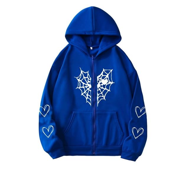 Women's Oversized Zip Up Hoodie Spider Web and Heart Shaped Print Pullover Jacket for Fall Winter Blue XL