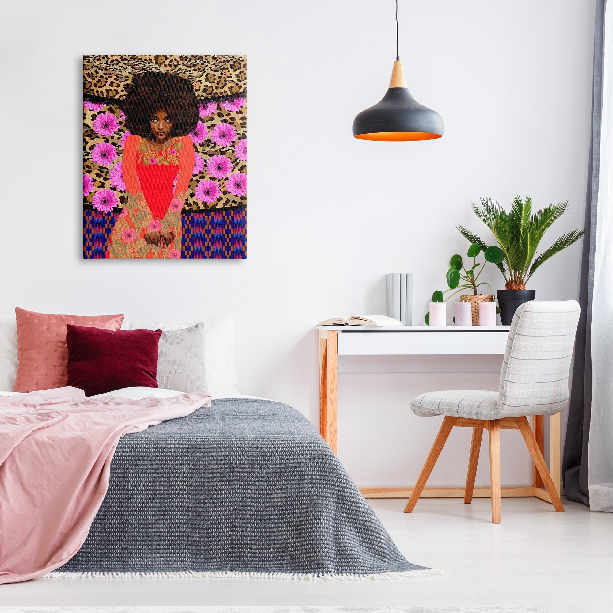 Stupell Industries Leopard Floral Pattern Bold Pink Flowers Femal Portrait Graphic Art Gallery-Wrapped Canvas Print Wall Art, 30x40, by Lynnda Rakos