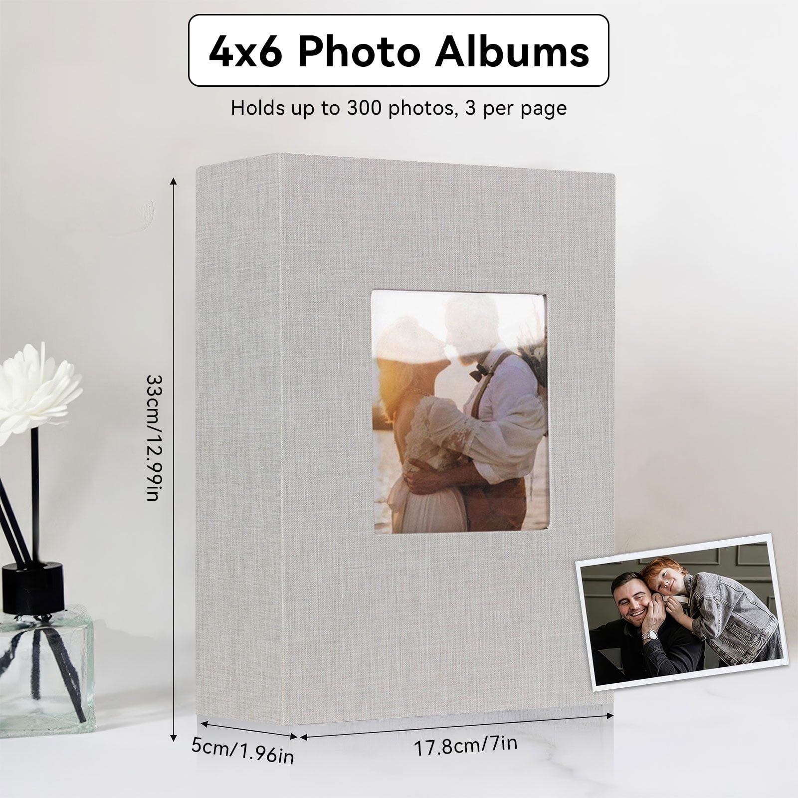 4x6 Photo Album Holds 300 Pictures, Linen Cover with Front Window, Large Capacity Slip-in Picture Album for Weddings, Kids, Travel, Anniversaries, and Family Baby Photos, Gray