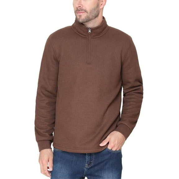 B.C. Clothing Men's Fleece Lined Waffle Knit Quarter Zip Mock Neck Pullover Top, Brown (Medium)