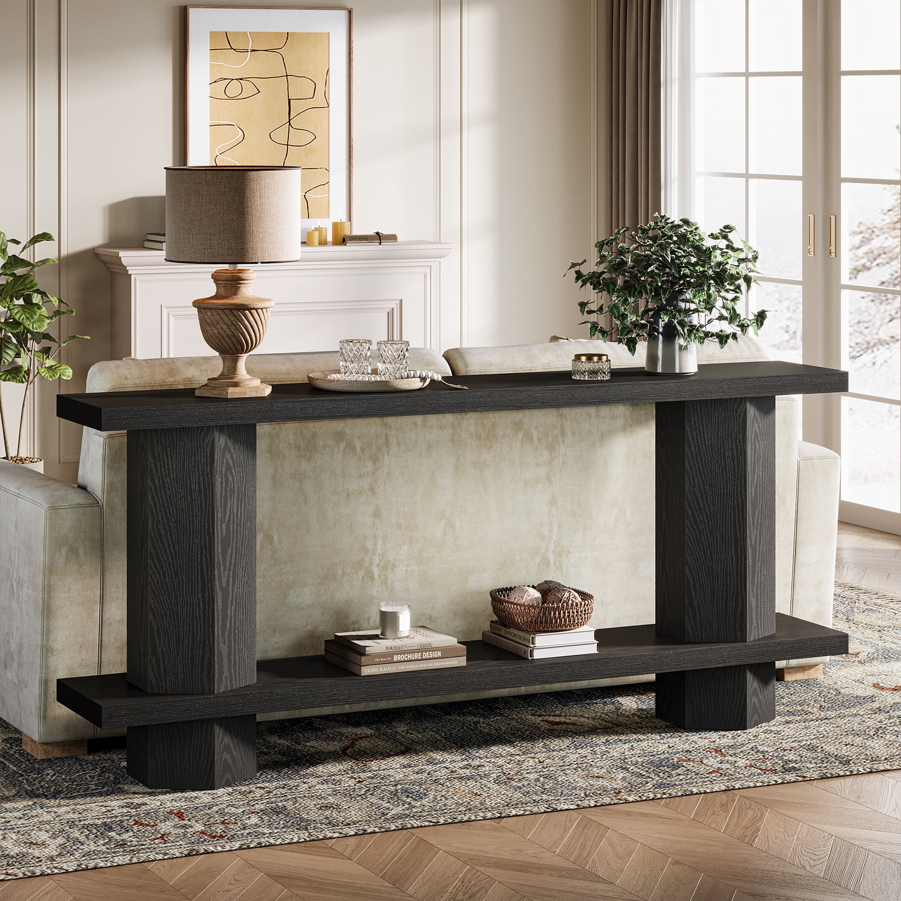 Finmind 71-Inch Long Wooden Console Table for Entryway,  Sofa Table Behind Couch for Living Room, Hallway, Foyer, Black