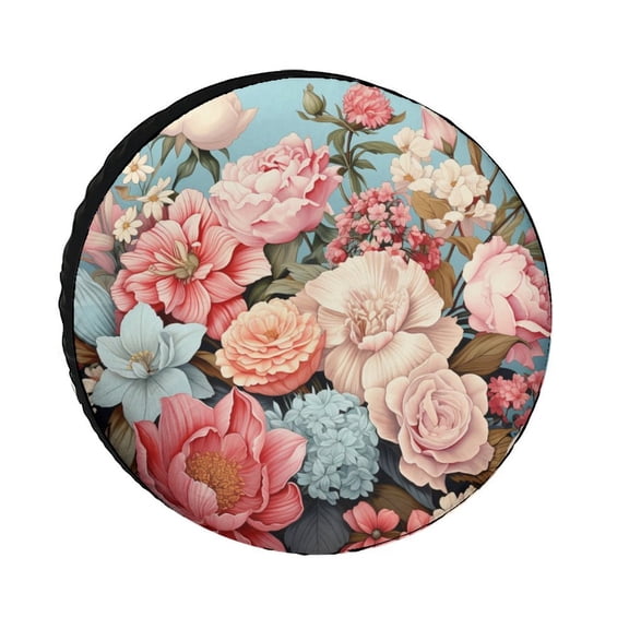 Flower Market Florence Pastel Blue Retro Floral Camping Spare Tire Cover Vintage Spring Flower Wheel Protectors Weatherproof Wheel Covers for Camper Trailer Truck SUV Universal 12inch