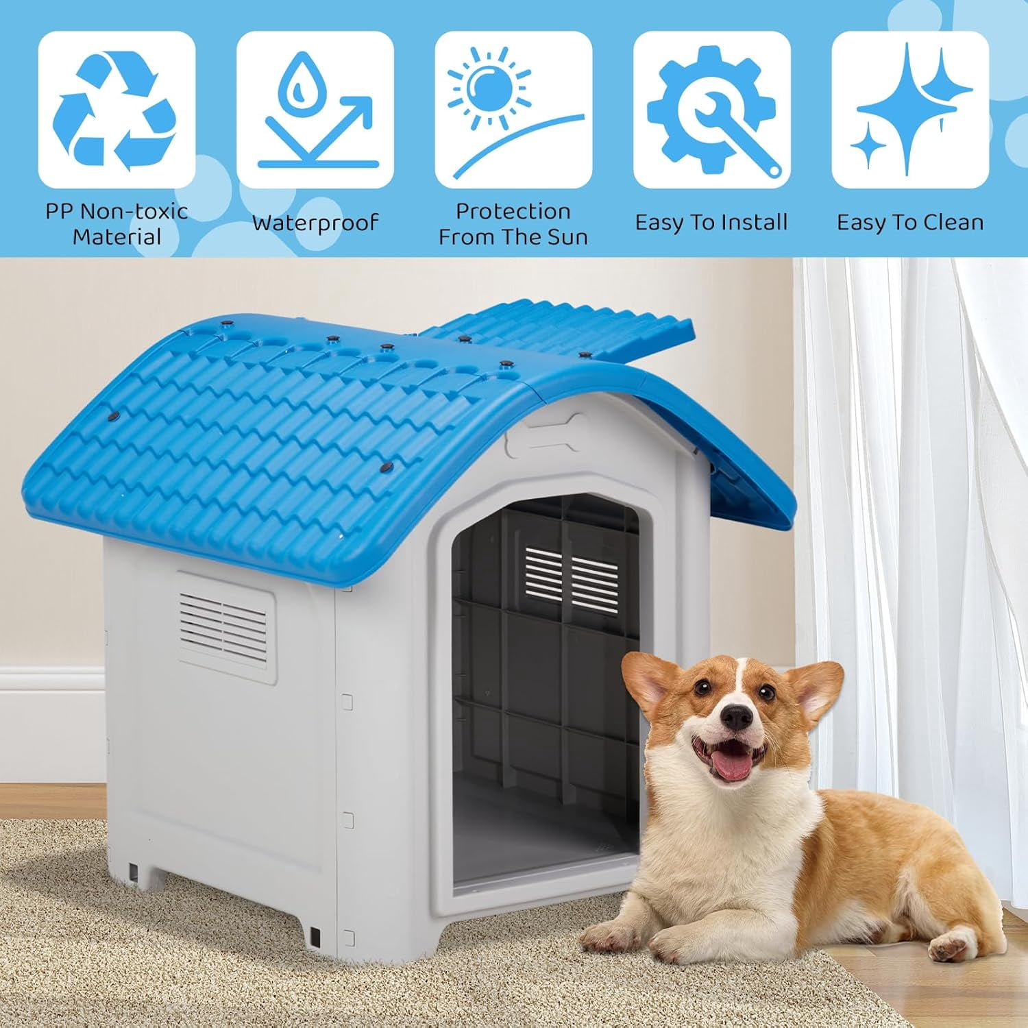 Outdoor Dog House, Plastic Dog Shelter for Small to Medium Size Dogs Waterproof, Durable Indoor Puppy House with Air Vents, Elevated Floor, Easy to Assemble 28"x23"x24"
