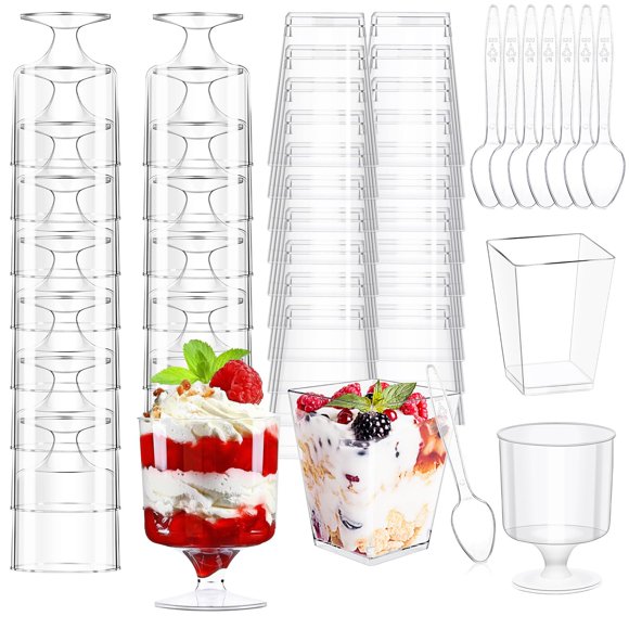 200Pcs Dessert Cups with Spoons 100Pc 5 OZ Mini Clear Plastic Appetizer Parfait Cup 100 Spoon Small Fruit Mousse Pudding Serving Bowl Trifle Desert Shooter for Party Squ