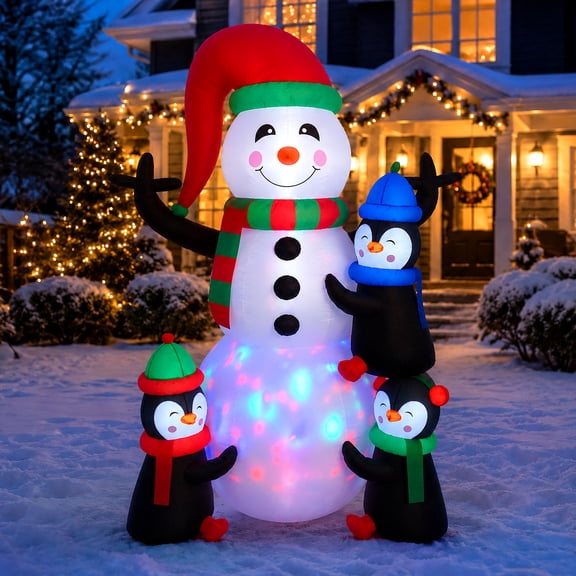 Faburo 6 ft Christmas Inflatable Snowman with 3 Penguins, Outdoor Blow up Yard Decoration with LED Lights for Lawn, Garden & Party
