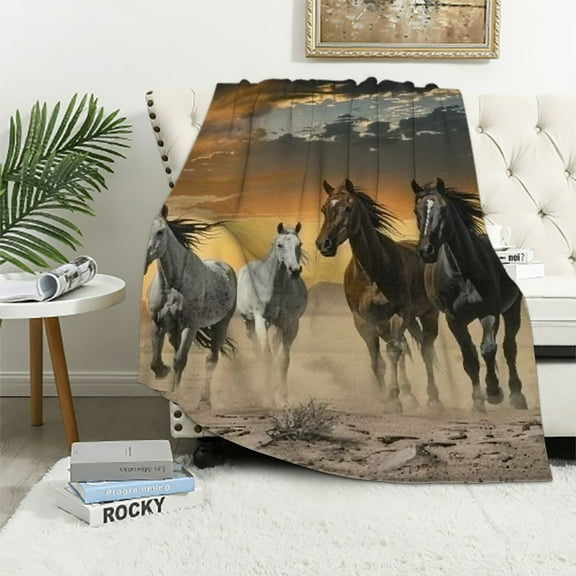 PRATYUS  Wild Horses Blanket Horse Blanket Throw for Boys Men Horses Running at The Beach Print Fuzzy Blanket for Couch Bed Throw TV Blanket Horse Lovers Gifts White