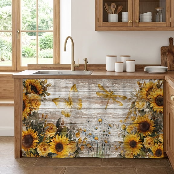 Sunflowers Cabinet Curtains for Kitchen 28"W x 51"L, Spring Daisy Floral Butterfly Dragonfly Wood Grain Under Sink Skirt Magic Tape Short Curtain Decorative Privacy Panel for Pantry Cabinet Opening