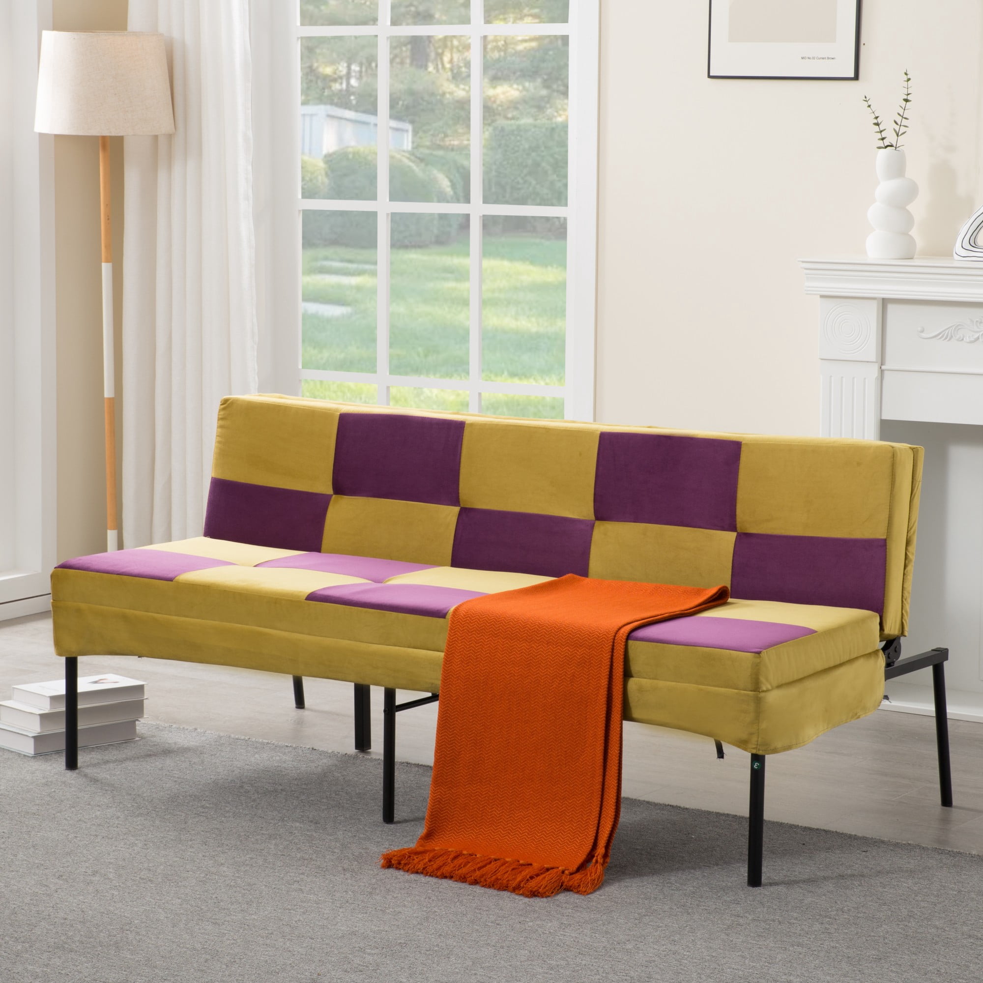 DEALTOPS 63" Checkered Velvet Futon, 2-in-1 Dual-Tone Convertible Sleeper Sofa with 5-Position Recline, Yellow