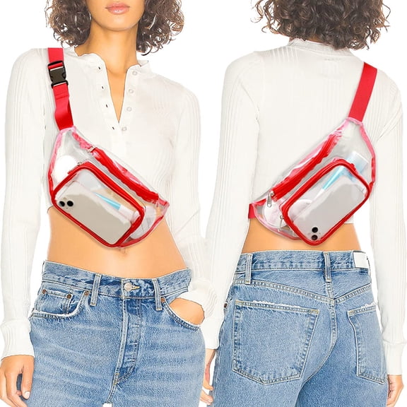 Stylago Transparent Waist Purse Stadium Approved Zipper Chest Bag for Women Men Adjustable Belt Clear Water Proof Pack Red