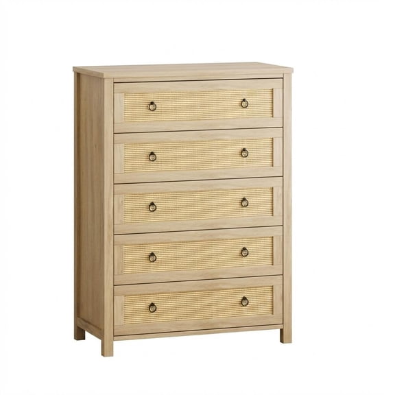 5 Drawer Boho Rattan Dresser, Nightstand Storage Cabinet, Large Chest for Bedroom, Living Room, Nursery - Natural