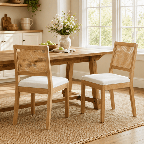 Dining Chairs Set of 2, Modern Farmhouse Kitchen Chairs with Cane Back, LEGAHOME Upholstered Dining Room Chairs, Wood Side Chair for Kitchen Dining Room, Beige