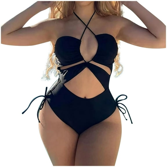Arnsht Bathing Suit for Women Plus Size Womens High Cut Bikini Set Cutout High Waisted Swimsuits Backless Bathing Swimsuits Black L