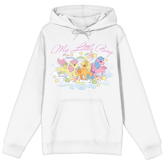 My Little Pony Character Group With Clouds Stars & Rainbows Women's White Long Sleeve Hooded Sweatshirt-Medium