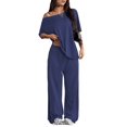 thumbnail image 2 of Women's 2 Piece Lounge Sets Off Shoulder Oversized Short Sleeve Tops Casual Wide Leg Pant Set Dark Blue M, 2 of 8
