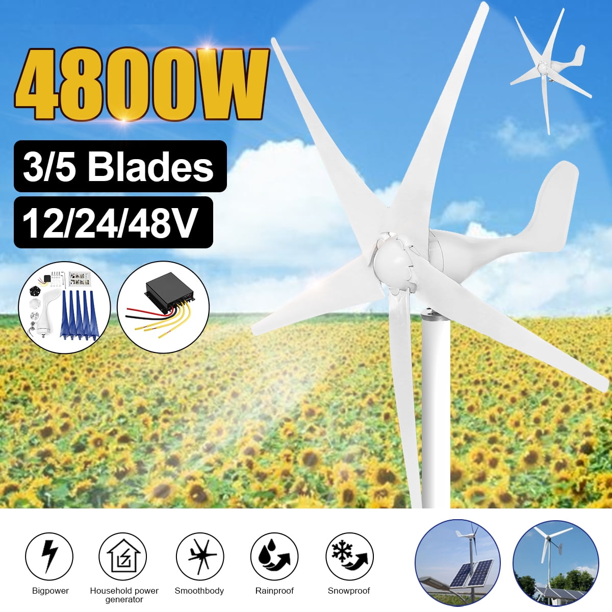 1200W 5 Blades Horizontal Wind Turbine Generator Windenergie Windrad DC 