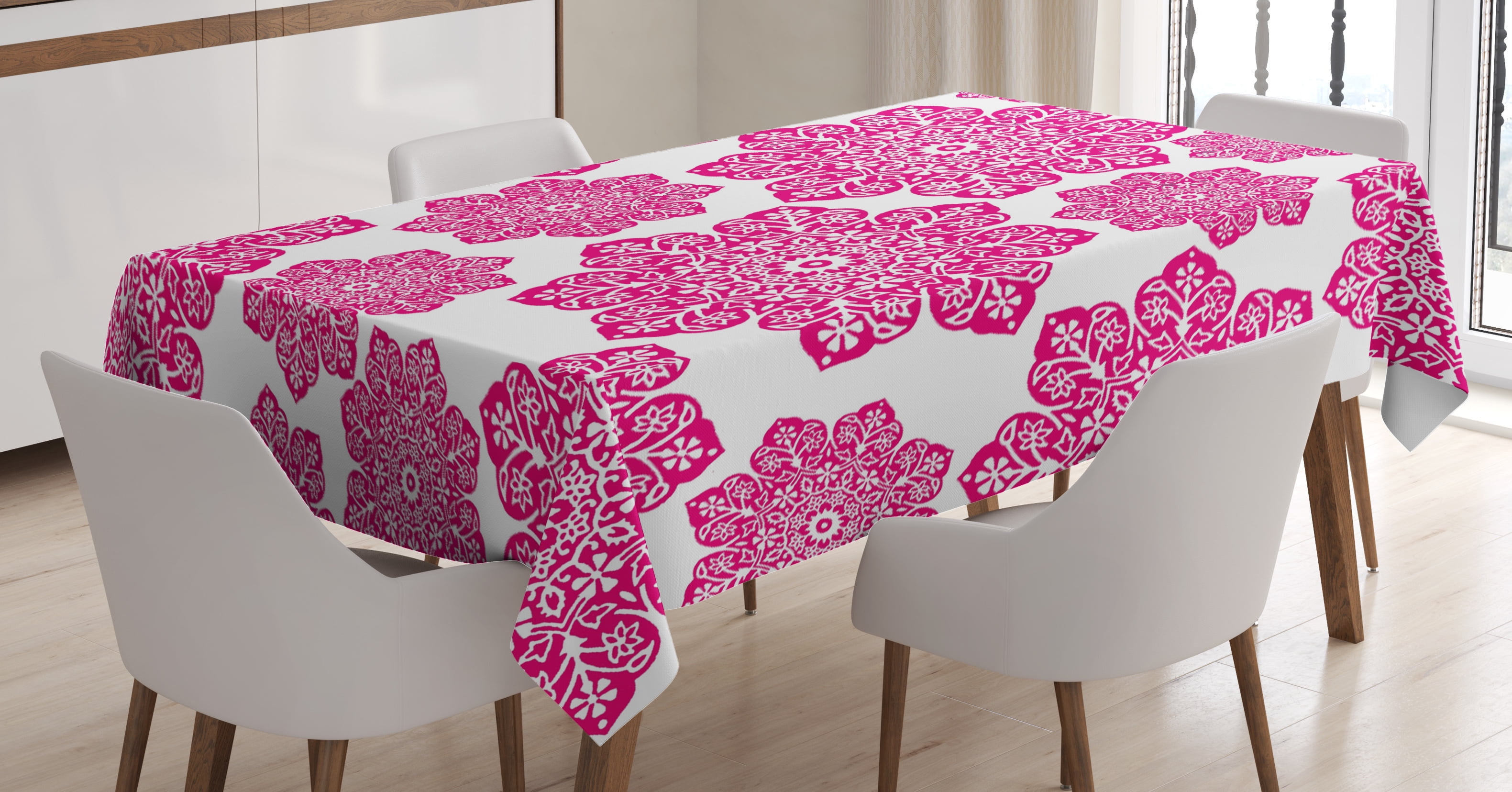 Hot Pink Tablecloth, Ethnic Batik Floral Arrangement with Eastern