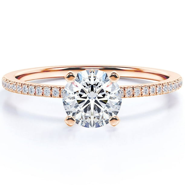 JeenMata Anillo de Compromiso de 1 Quilate con Corte Redondo y Engaste Pavé en Oro Rosa de 18 K sobre Plata Esterlina