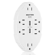 BESTTEN 6 Outlet Socket Wall Mount Surge Protector with Dual USB Charging Port Wall Charger 3.1A for iPhone, iPad, Samsung and Other, ETL Listed.