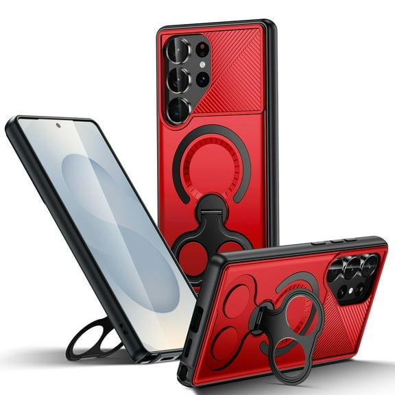 Magnetic For Samsung Galaxy A36 5G Phone Case,With 360° Rotatable Double Ring Kickstand,Wireless Charging Compatible,Heavy Duty Shockproof Protection Anti-fall Durable Rugged Phone Case,Red