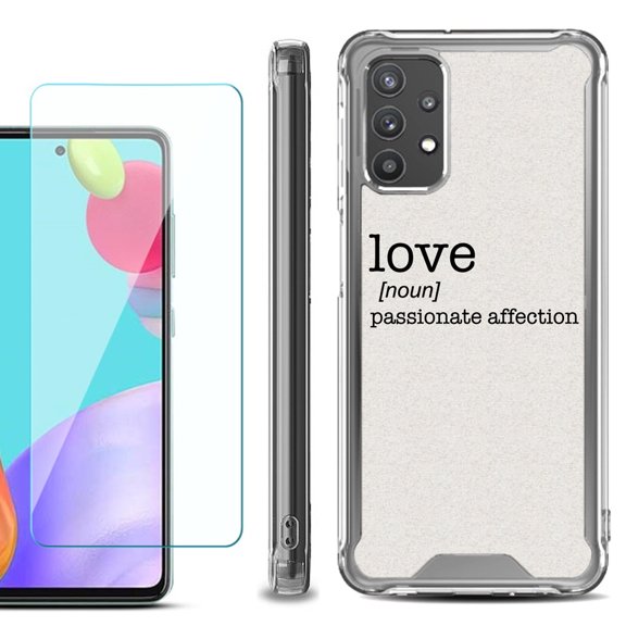 Shockproof Bumper Phone Case for Samsung Galaxy A52 5G, with Tempered Glass Screen Protector, by OneToughShield ® - Dictionary/Love