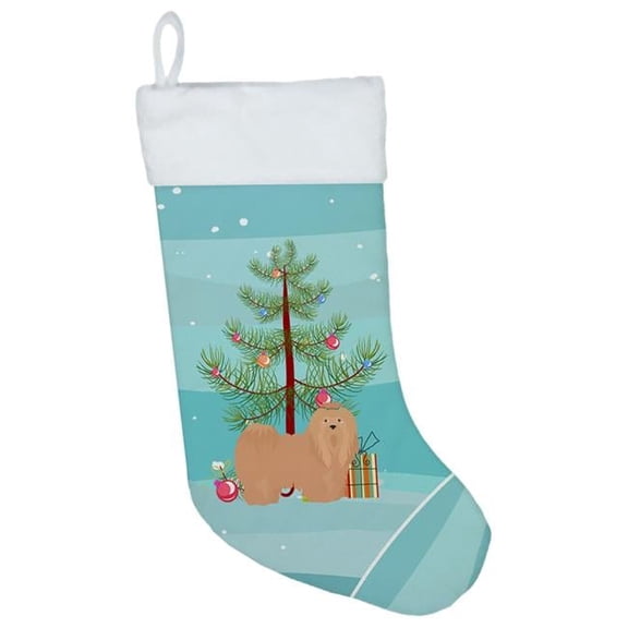 Caroline's Treasures Tan Lhasa Apso Multi-color Christmas Stocking, with Soft Suede Fabric 18"