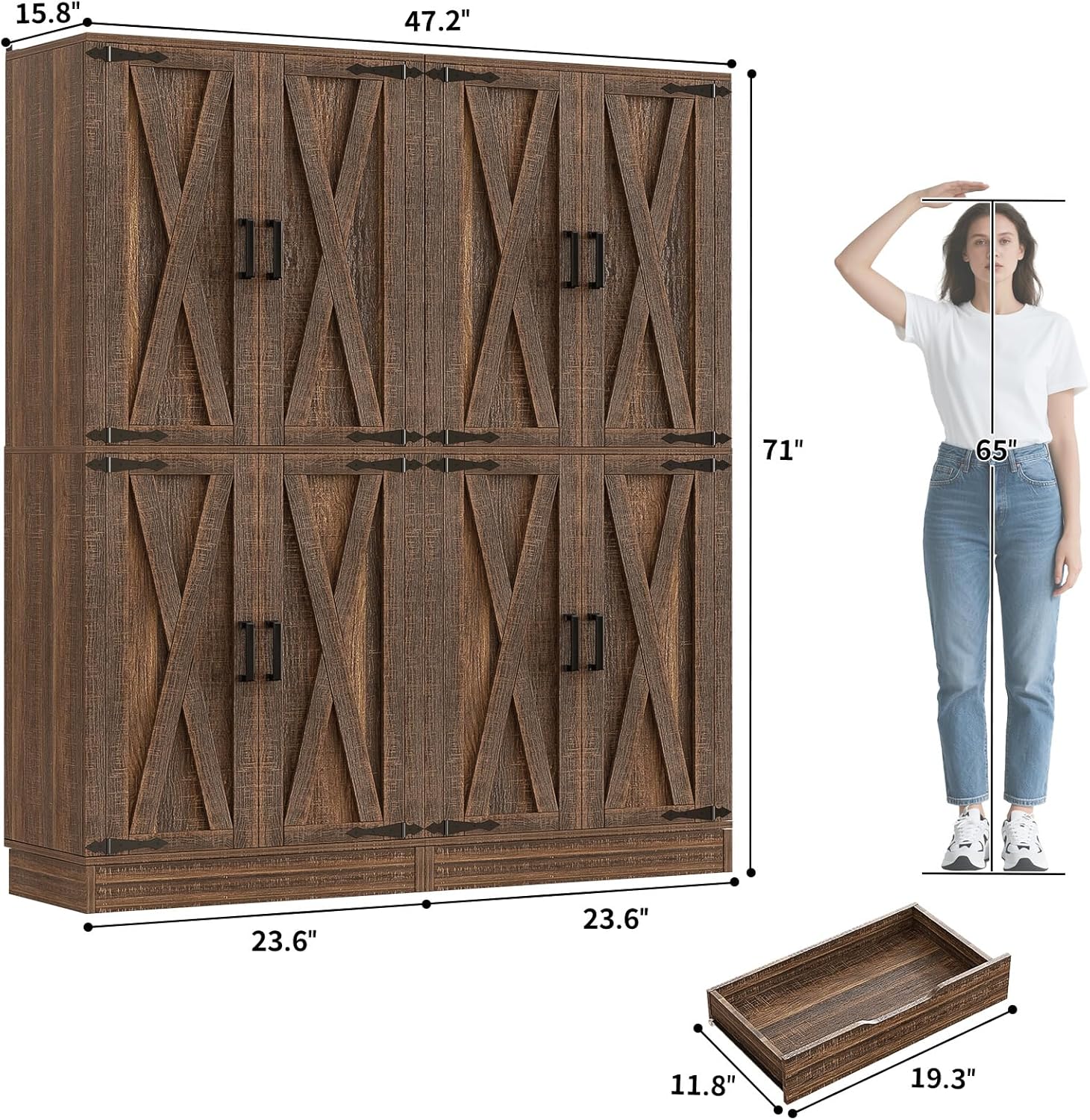 Homieasy 71'' Tall Farmhouse Pantry Cabinet 2 Piece Set, 6-Tier Pantry with Doors, Drawers & Adjustable Shelves, Retro Brown