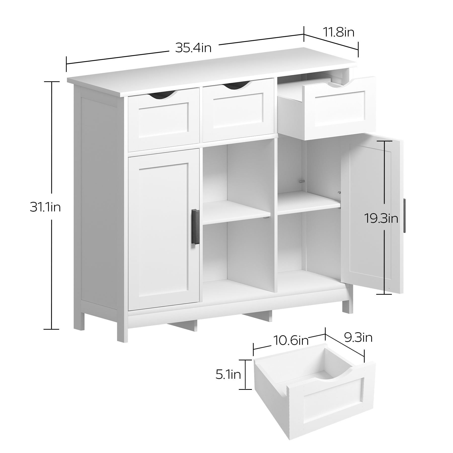 PORKISS White Floor Storage Cabinet, Wood Accent Cabinet with Drawers and Adjustable Shelves Storage, Modern Pantry Cabinet for Kitchen, Bathroom, Living Room