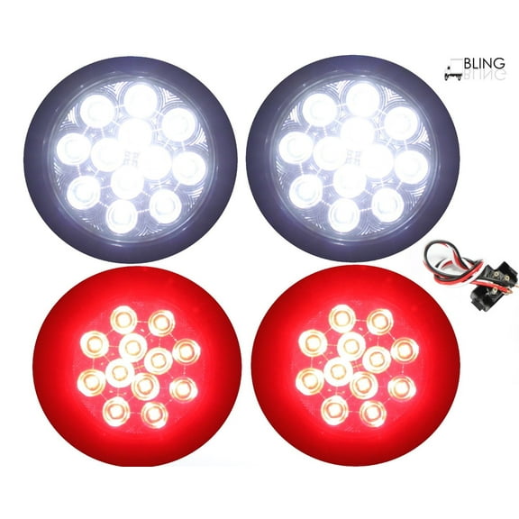 Set of 4 LED Lights: 2 Clear Lens Red 2 White Truck Trailer Round LED Light 4" STOP TURN BACK UP