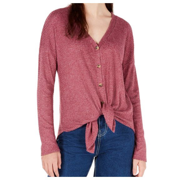Hippie Rose Juniors Solid Waffle Tie Front Top Size-X-Large Color-Pink