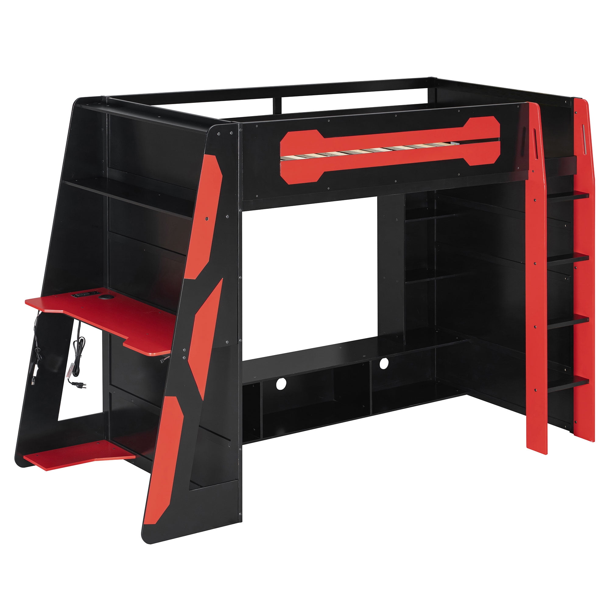 Aukfa Twin Size Gaming Loft Bed for Teens, Wood Esports Bed Frame with Desk, LED Lights, Charging Station & Storage Shelves, Red