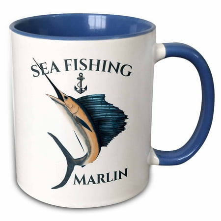 3dRose Nautical deep sea fishing design with ship anchor and marlin fish. - Two Tone Blue Mug,