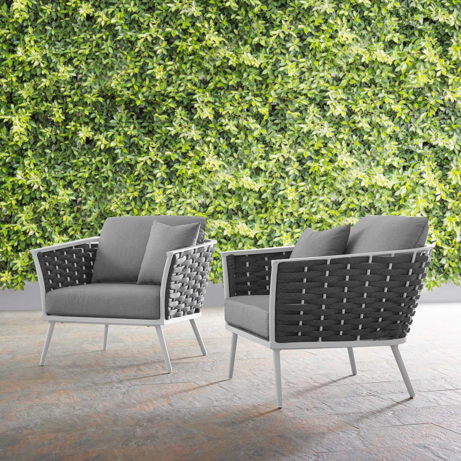 Modern Contemporary Urban Outdoor Patio Balcony Garden Furniture Lounge Chair Armchair, Set of Two, Fabric Aluminium, White Grey Gray - image 2 of 6