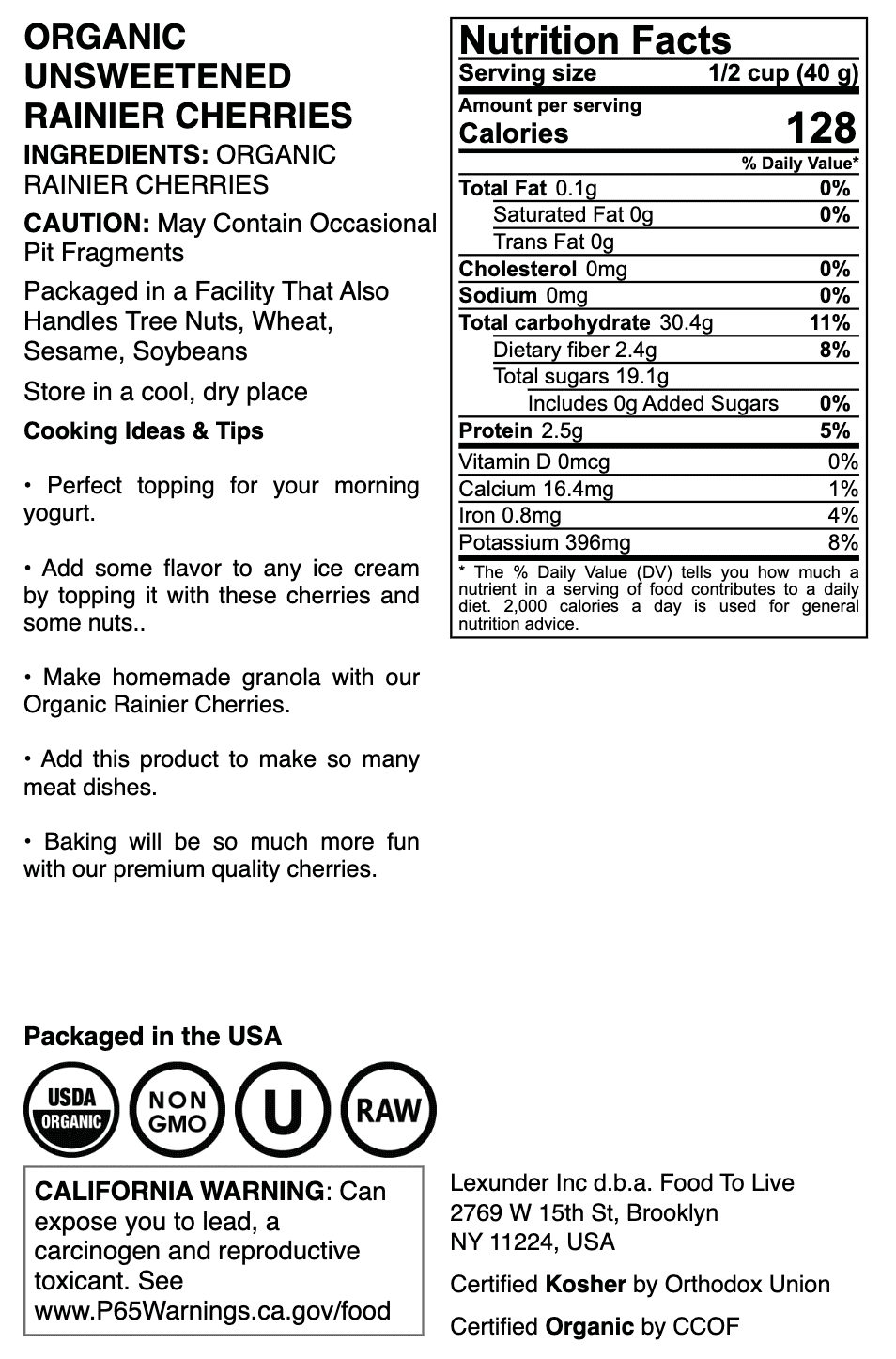 Organic Rainier Cherries, 2 Pounds - Non-GMO, Raw, Vegan - by Food to Live