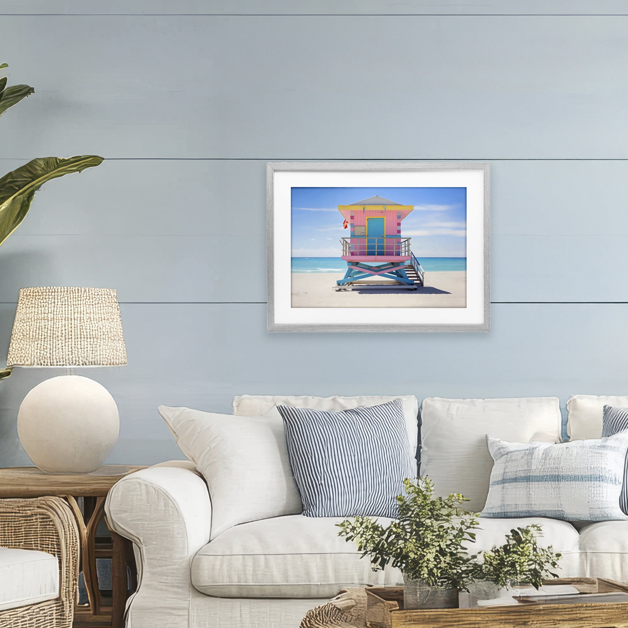 Stupell Industries Pastel Lifeguard Hut on Beach Gray Framed Print Under Glass, design by Creative Studio
