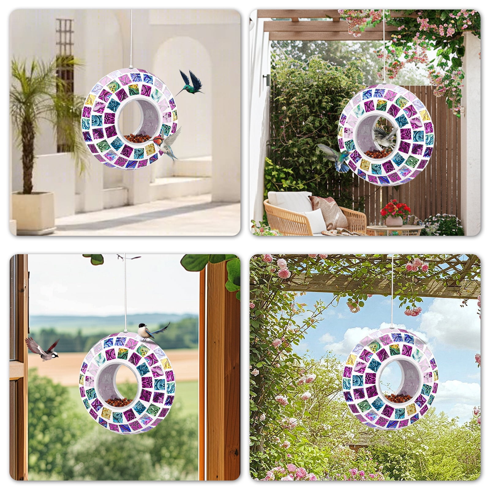 Mosaic Fly-Through Bird Feeder – Colorful Circular Hanging Feeder,Outdoor Bird Feeder,Decorative Outdoor Accent for Garden, Patio & Bird Watching