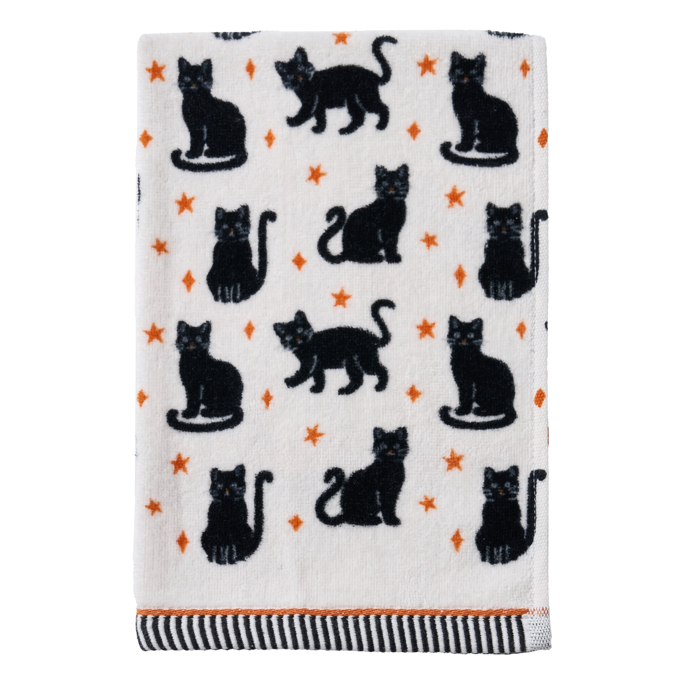 Evergrace Halloween 2 Piece Hand Towel Set, 100% Cotton, Cat, White 16"x26"