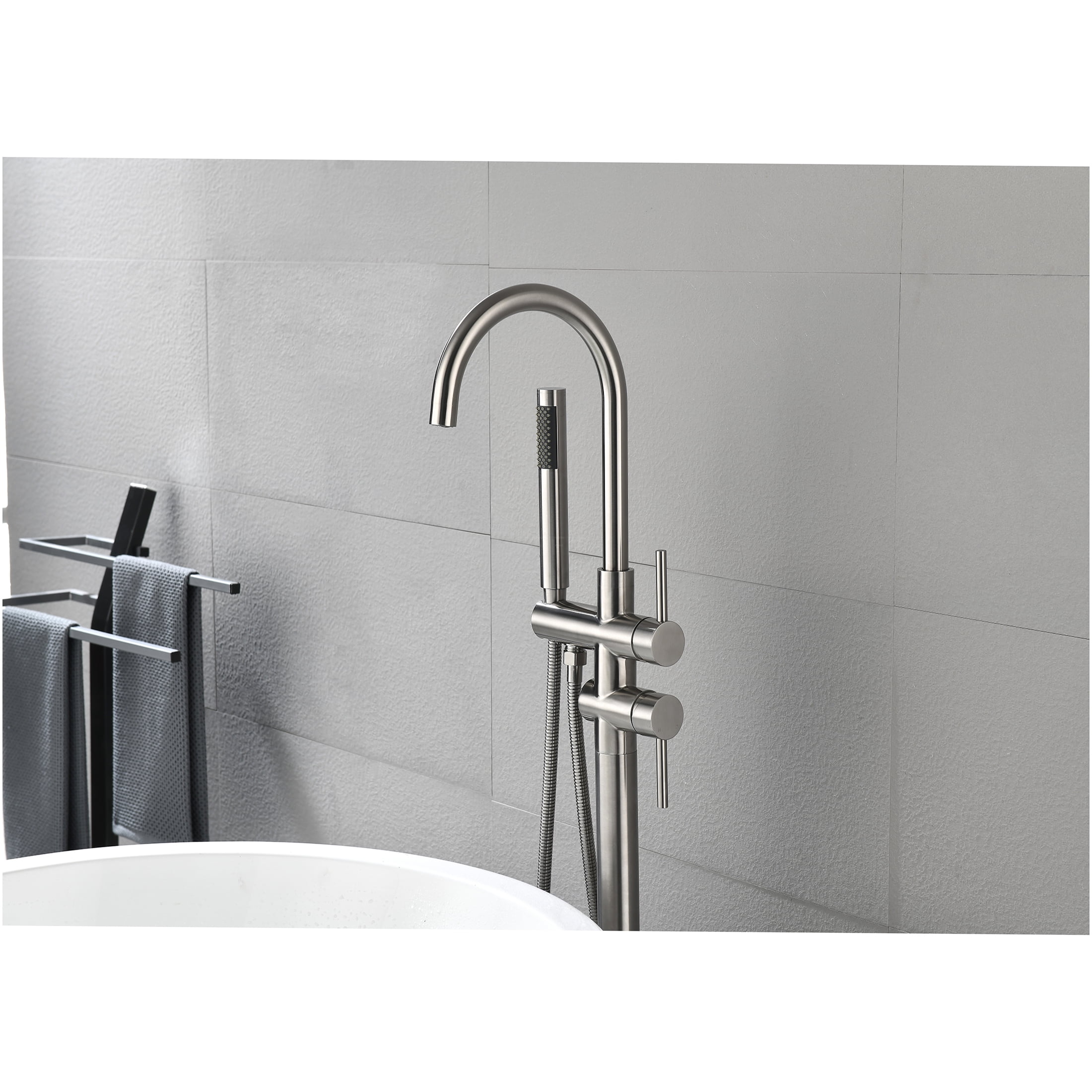 JERFIT Freestanding Tub Filler with Handheld Shower, Floor Mounted Bathtub Faucet in Brushed Nickel, High Flow Swivel Spout for Soaking Tubs